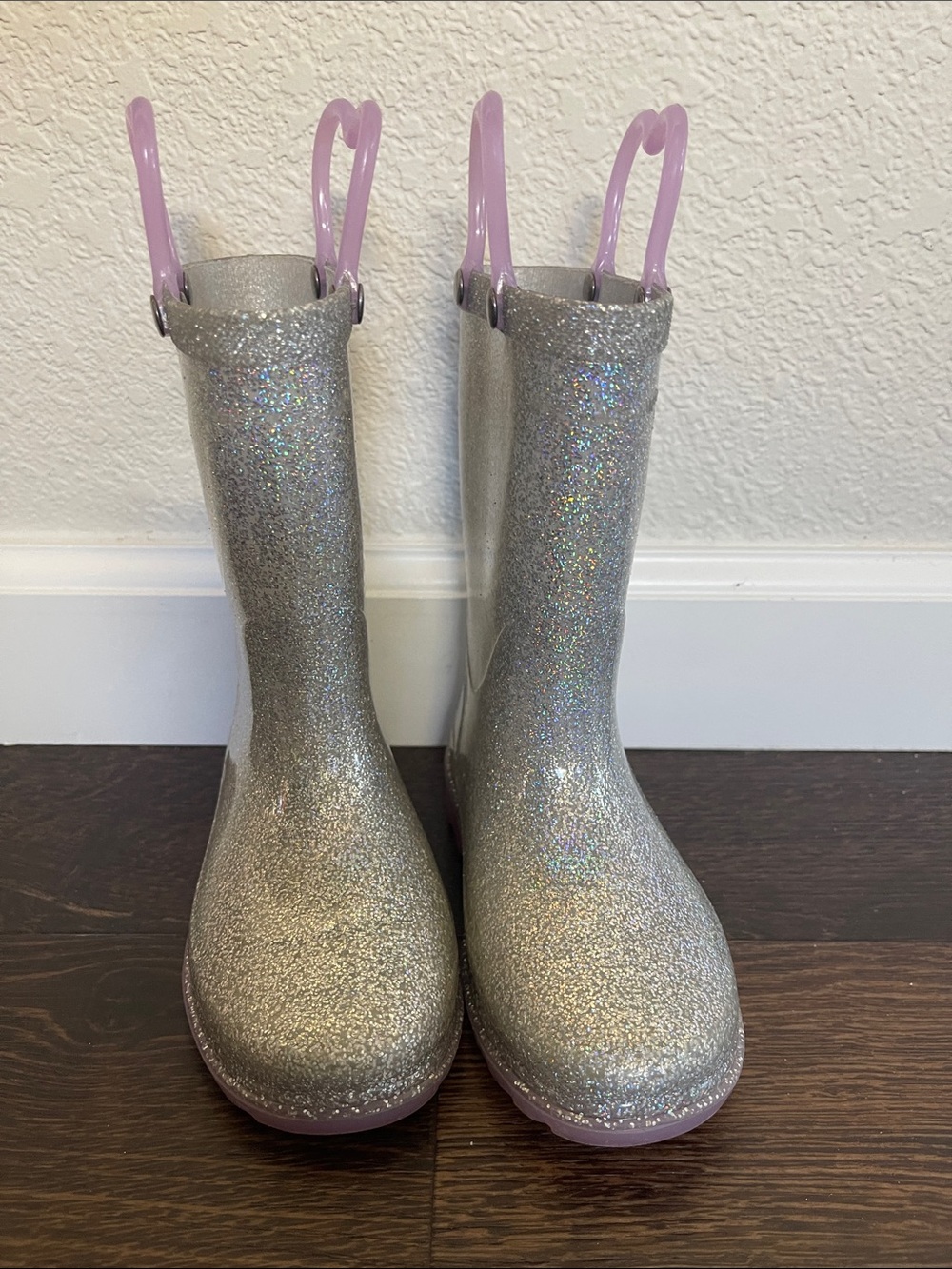 Western Chief Silver Glitter Kids Rain Boots with Pink Pull Tabs size 9 toddler